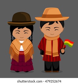 Bolivians in national dress with a flag. Man and woman in traditional costume. Travel to Bolivia. People. Vector flat illustration.