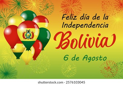 Bolivia's Independence Day August 6 greeting card design. Happy Independence Day Bolivia 6th of August postcard template with 3D balloons and fireworks. Internet banner. Bolivian holiday cute backdrop