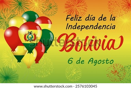 Bolivia's Independence Day August 6 greeting card design. Happy Independence Day Bolivia 6th of August postcard template with 3D balloons and fireworks. Internet banner. Bolivian holiday cute backdrop