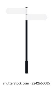 Bollard with empty signs, billboards pointing direction forward vector illustration. Realistic 3d black pillar with empty metal boards, signages left and right, isolated street pointer roadsign