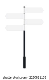 Bollard with empty signs, billboards pointing direction forward vector illustration. Realistic 3d black pillar with empty metal boards, signages left and right, isolated street pointer roadsign