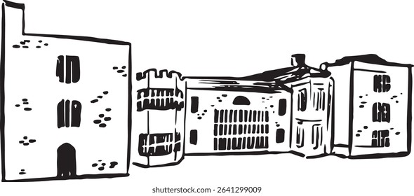 Bolling Hall, ilustração de tinta de referência de Bradford.  Antigo edifício, museu e centro de educação. Mansão do século XVII com mistura de estilo arquitetônico: medieval a vitoriano. Sítios culturais históricos