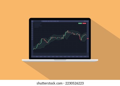 bollinger band technical analysis indicator concept on laptop screen with candlestick with modern flat style and long shadow style