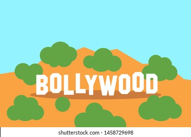 Bollywood - Asian Film, Movie And Cinema Industry In India. Hill With Landmark And Sign. Vector Illustration