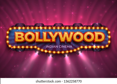 Bollywood background. Indian cinema poster with text and spot light, Indian cinematography stage. Vector 3D Bollywood film event poster