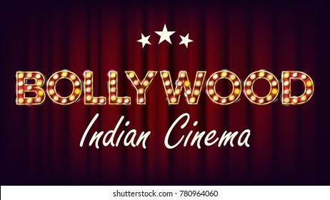 Bollywood Indian Cinema Banner Vector. Vintage Cinema 3D Glowing Element. For Cinematography Advertising Design. Retro Illustration