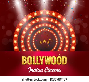 Bollywood Indian Cinema Film Banner. Indian Cinema Logo Sign Design Glowing Element with Stage.