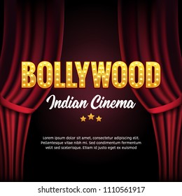 Bollywood Indian Cinema Film Banner. Indian Cinema Logo Sign Design Glowing Element with Stage and Curtains.