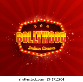 Bollywood Indian Cinema Film Banner,poster With Retro Light Frame.Movie Glowing Logo,symbol For Your Design In Retro Vintage Style.Template Board With Bulbs On Red Background.Bright Signboard,lightbox