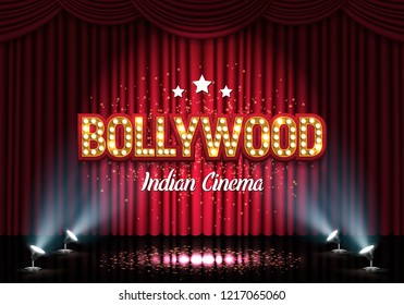 Bollywood indian cinema. Movie banner or poster with curtain and spotlights. Vector illustration.