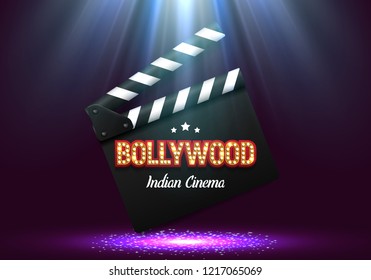 Bollywood indian cinema. Movie banner or poster with clapper board illuminated by spotlights. Vector illustration.