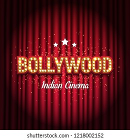 Bollywood indian cinema. Movie banner or poster with curtain illuminated by spotlight. Vector illustration.