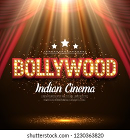 Bollywood indian cinema. Movie banner or poster with curtain and spotlights. Vector illustration.