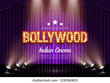 Bollywood indian cinema. Movie banner or poster with curtain and spotlights. Vector illustration.