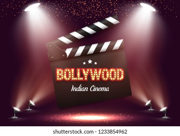 Bollywood indian cinema. Movie banner or poster with clapper board illuminated by spotlights. Vector illustration.