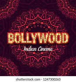 Bollywood indian cinema. Movie banner or poster with traditional ornament. Vector illustration.