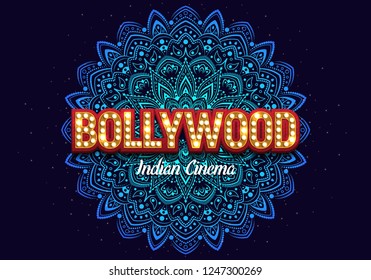 Bollywood indian cinema. Movie banner or poster with traditional ornament. Vector illustration.