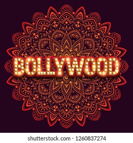 Bollywood indian cinema. Movie banner or poster with traditional ornament. Vector illustration.