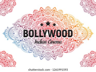 Bollywood indian cinema. Movie banner or poster with traditional ornament. Vector illustration.