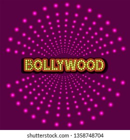 Bollywood indian cinema. Movie banner, logotype, film poster in retro style with neon lights on purple background. Lettering vector illustration with spotlights. EPS10.