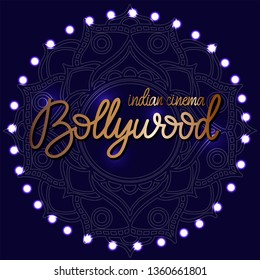 Bollywood indian cinema. Movie banner, logotype, film poster in retro style with neon lights and mandala. Gold and dark blue  color. Lettering vector illustration EPS10.