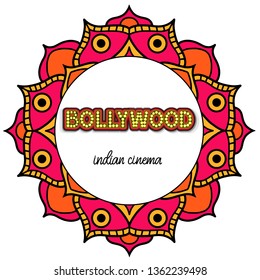 Bollywood indian cinema. Movie banner, logotype, film poster in retro style with neon lights and mandala. Lettering vector illustration EPS10.