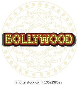 Bollywood indian cinema. Movie banner, logotype, film poster in retro style with neon lights and mandala. Lettering vector illustration EPS10.