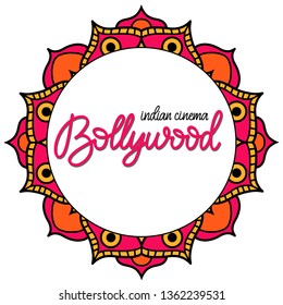 Bollywood indian cinema. Movie banner, logotype, film poster in retro style with neon lights and mandala. Lettering vector illustration EPS10.