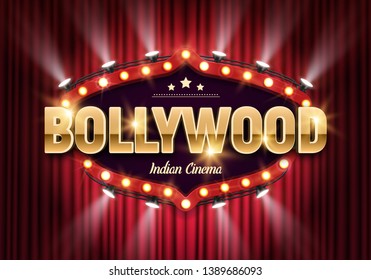 Bollywood indian cinema. Movie banner or poster with curtain and spotlights. Vector illustration.