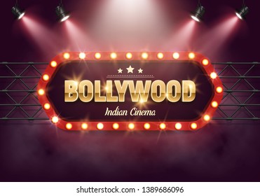 Bollywood indian cinema. Movie banner or poster in retro style illuminated by spotlights. Vector illustration.