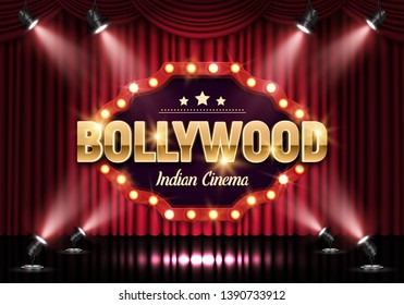 Bollywood indian cinema. Movie banner or poster with curtain and spotlights. Vector illustration.