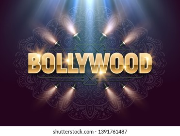 Bollywood indian cinema. Movie banner or poster illuminated by spotlights. Vector illustration.