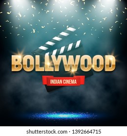 Bollywood indian cinema. Movie banner or poster with clapper board illuminated by spotlights. Vector illustration.