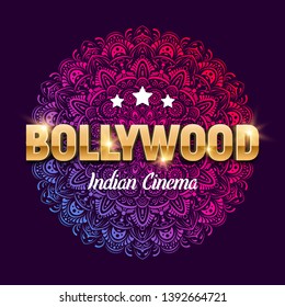 Bollywood indian cinema. Movie banner or poster with traditional ornament. Vector illustration.