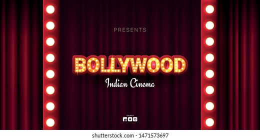 Bollywood Indian Cinema. Movie Banner Or Poster In Retro Style With Theatre Curtain