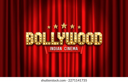 Bollywood indian cinema. Movie banner or poster on red curtain background. Vector illustration.