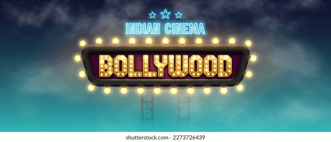 Cine indio de Bollywood. Cartel o afiche de película con carteles de neón retro. Ilustración vectorial.