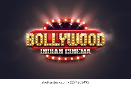 Bollywood indian cinema. Movie banner or poster with retro billboard and spotlights. Vector illustration.