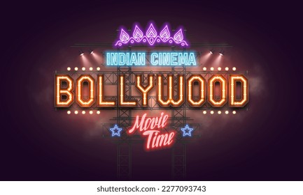 Bollywood indian cinema. Movie banner or poster with retro neon billboard. Vector illustration.