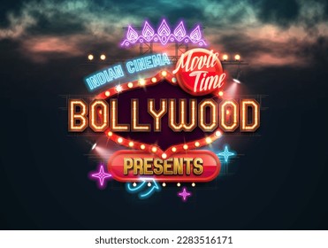 Bollywood indian cinema. Movie banner or poster with retro neon billboard. Vector illustration.