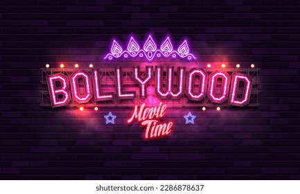 Bollywood indian cinema. Movie banner or poster with retro neon signs. Vector illustration. svg