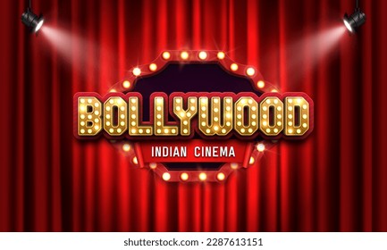 Bollywood indian cinema. Movie banner or poster on red curtain background illuminated by spotlights. Vector illustration.