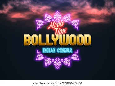 Bollywood indian cinema. Movie banner or poster with retro neon signs. Vector illustration.