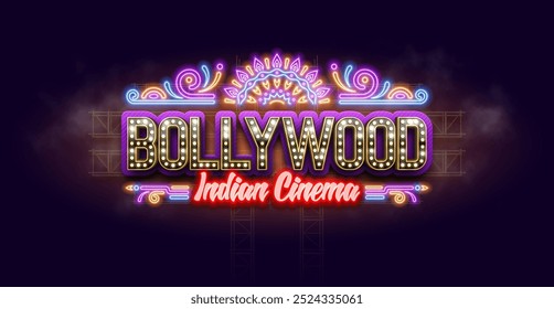 Cinema indiano de Bollywood. Banner do filme ou cartaz com outdoor neon retro. Ilustração vetorial.