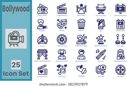 Bollywood and Indian cinema outline vector icon set with traditional dress sari, turban, jhumkas jewelry, movie camera, clapperboard, and entertainment line elements