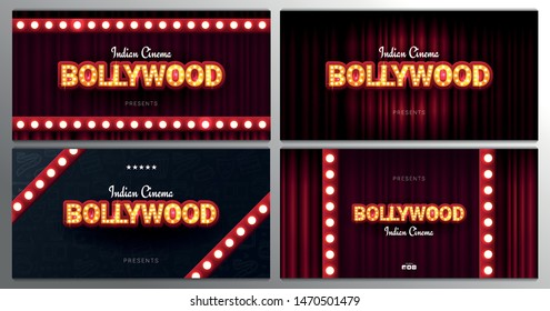 Bollywood indian cinema. Set of Movie banners or poster in retro style with theatre curtain