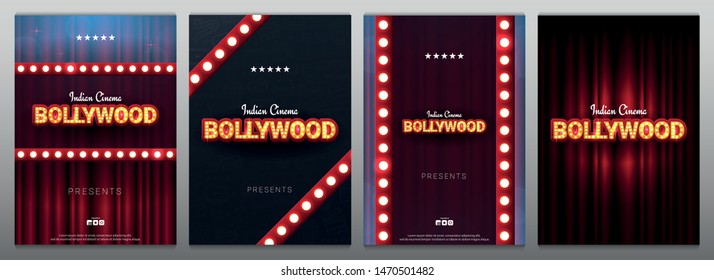 Bollywood indian cinema. Set of Movie banners or poster in retro style with theatre curtain