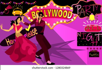 Bollywood, is the Indian Hindi-language film industry, based in the city of Mumbai.Cinematography and theater poster.Bollywood party songs.Wedding party.
