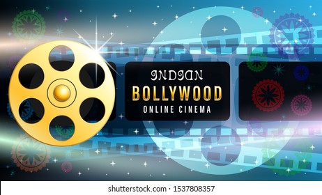 Bollywood Indian Web Banner, Film Strip Frame, Gold Metal Movie Reel, Light Effects, Silhouette Of A Movie Projector On Dark Blue Starry Sky. Realistic 3d Vector Illustration.