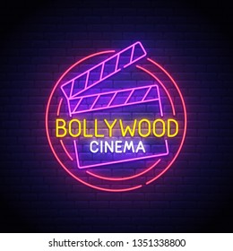 Bollywood Neon Sign, Bright Signboard, Light Banner. Bollywood Logo Neon, Emblem. Vector Illustration